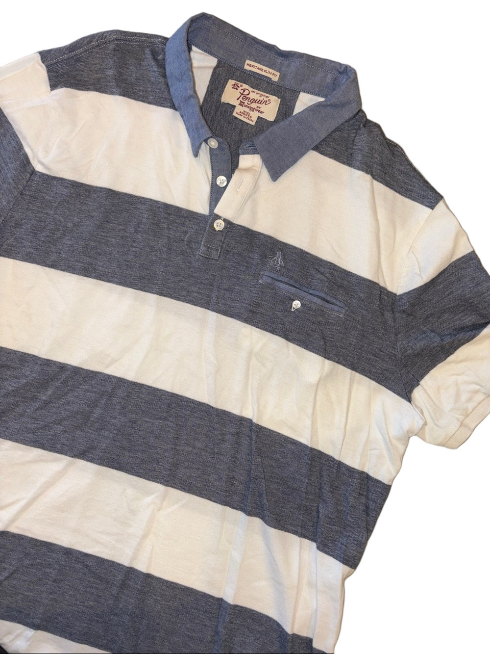 Original Penguin Mens XXL Polo Shirt Striped Chambray Collar Slim Fit Pock